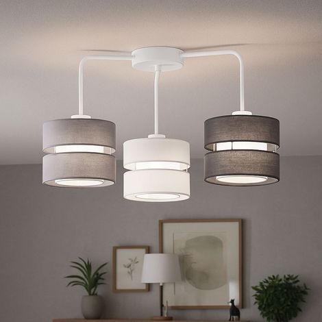 Deckenleuchte Lampe Wohnzimmerleuchte 3 flammig Textil Schlafzimmerlampe, Metall Stoff grau weiß, 3x E27 Fassungen, LxBxH 56x56x35 cm, WOFI 11253