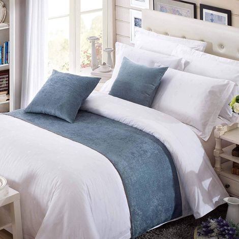 Chemin de lit moelleux et chaud en tissu chenille Coloris uni Convient pour un canapé, une chambre à coucher, une chambre d'hôtel, Chenille, bleu, 240x 50cm für 180cm Bett (1/3)