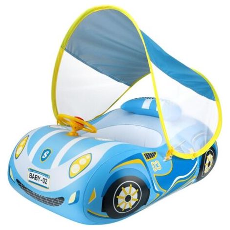 Galleggiante gonfiabile per neonati con capottina, a forma di auto, con seggiolino di sicurezza, volante e clacson, ideale per la spiaggia e per giocare all'aperto. (1/5)