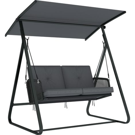 Altalena da giardino Hollywood Swing a 2 posti in rattan con tettuccio parasole regolabile, cuscino morbido e struttura a forma di A.