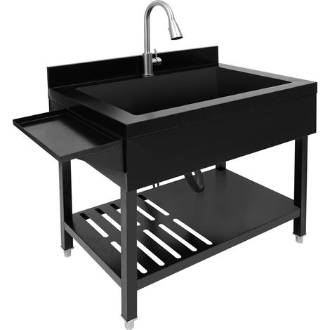Évier de cuisine à cuve unique, en acier inoxydable, 89,92 x 56,9 x 93,98 cm, évier de cuisine professionnel, noir, avec robinet coulissant, capacité de charge maximale de 150 kg (1/5)