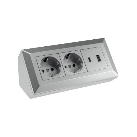 Steckdosenblock 2-Fach, USB-A, USB-C PD, Silber Grau (1/4)