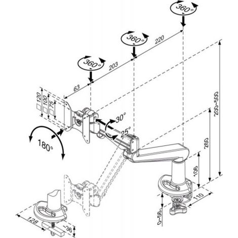 Support ergonomique pour éctan de PC envergure 486mm VESA 75x75 ou 100x100 élévation par gaz comprimé et rotation360°