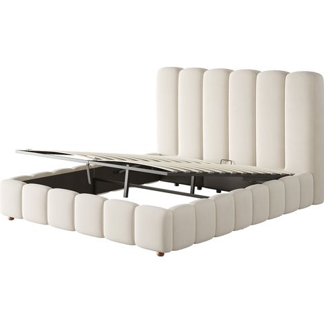 Polsterbett 140 x 190 cm mit Hydraulik-Bettkasten, Lattenrost und Samtbezug Beige MODENUIT (1/5)