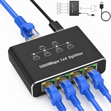 Multiprise RJ45, Répartiteur Réseau LAN 1 vers 4 Switch Ethernet 1000Mbps Gigabit Network Cable Répartiteur avec câble USB C, Hub RJ45 Fibre Haut Débit pour Routeur Télévision Console Concentrateurs (1/5)