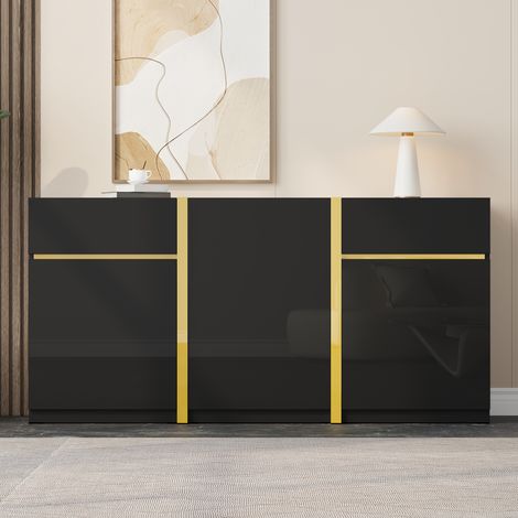 Buffet luxueux, finition laquée brillante, meuble de rangement moderne, trois portes et deux tiroirs, pour salon, salle à manger et entrée meuble minimaliste. (1/5)