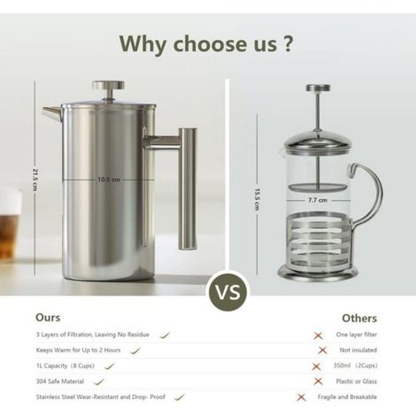 Cafetière à presse française en acier inoxydable 1L, presse française avec triple filtre, presse française avec maintien au chaud (1/4)