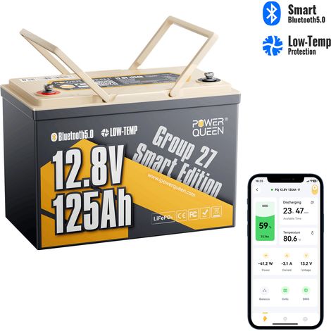 Batterie au lithium à cycle profond intelligente PowerQueen 12V 125Ah Group27 (1/5)
