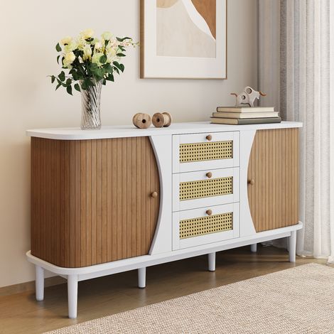 Buffet en MDF et panneaux de particules blanc et bois, 140,5 cm, 3 tiroirs en rotin, tablettes réglables (1/5)