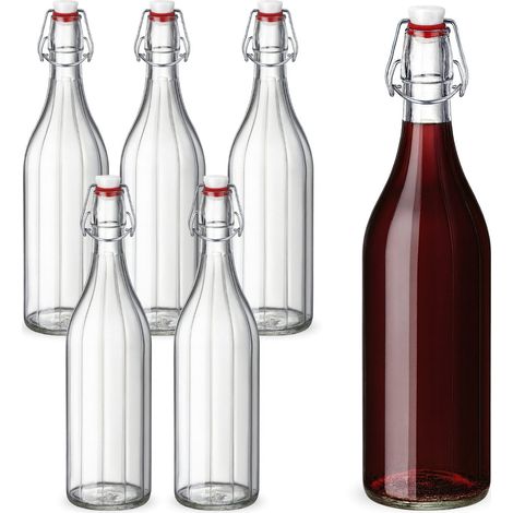Set 6 bottiglie in vetro da 1 litro costolate con tappo meccanico e chiusura ermetica - Robusta, lavabile e Made in Italy - Ideale per acqua, vino, ol (1/5)