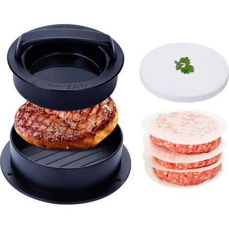 3-in-1-Burgerpresse mit 100 Gratis-Blatt Papier. Ideal für gefüllte Burger, Mini-Burger, Rindfleischburger, Grillen und Gourmetküche. (1/4)