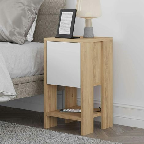Table de chevet étroite décor bois porte blanche MARFA