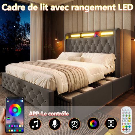Lit capitonné 140x190 cm avec éclairage LED et prise USB, tête de lit avec étagères et espace de rangement, lit double plat avec 4 tiroirs, velours (1/5)
