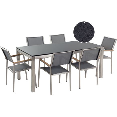 Conjunto de comedor de jardín gris con mesa 180 x 90 cm de granito negro 6 sillas de ratán Grosseto (1/5)
