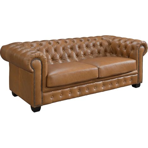 Vente-Unique – Canapé Chesterfield 3 places en cuir de buffle premium – Caramel vintage – Garnissage haute résilience – Structure bois solide (1/4)