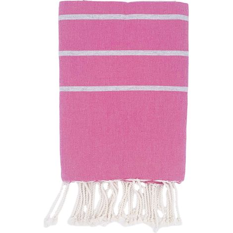 Fouta 100x200 fuchsia rayures gris argent - 100% coton - franges