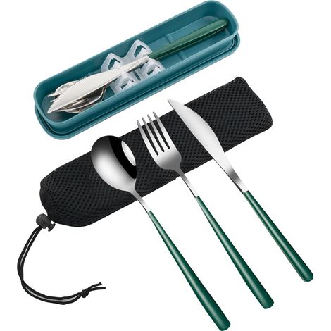 Set de 3 couverts portables en acier inoxydable 18/8 avec étui : fourchette, cuillère, couteau pour voyage et camping. (1/5)