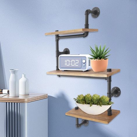 Vintage Shelves Wandregal, Schweberegal mit 3 Ebenen, 3 Schichten Industrielle Rohrregal Wandregal Massivholzregal Rohr Regal Metall Aufbewahrungsregale Bücherregal Lagerung Retro