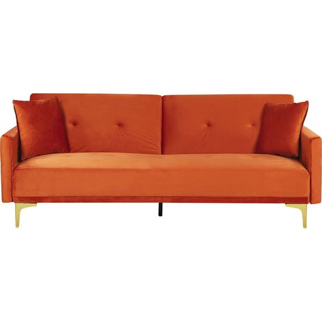 Sofá cama con asiento abotonado de terciopelo naranja de 3 plazas sala de estar tradicional mecanismo de click clack Lucan