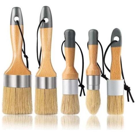 Lot de 5 pinceaux à Peinture à la Craie et à la Cire - pour projets de Peinture et de Cire - Poils de Sanglier naturels Poignées ergonomiques Peinture au Lait Pinceaux à Pochoir pour Meubles en Bois (1/4)