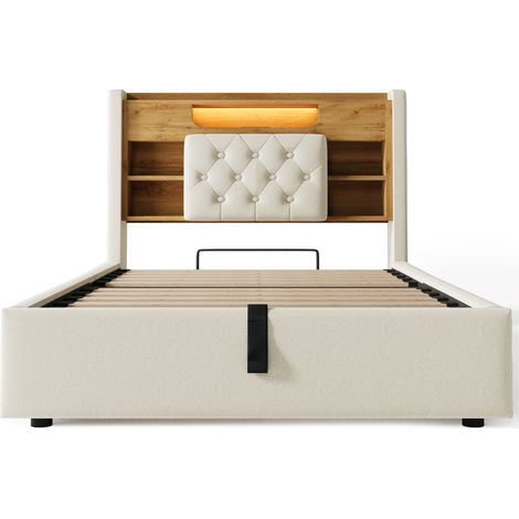 Cama tapizada 90x200 cm con arcón hidráulico, LED, USB y Type-C, beige (1/5)