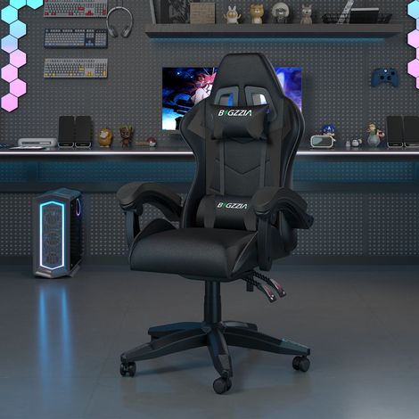 Ergonomic PU Leather Racing Gaming Chair with Headrest and Lumbar Pillow Swivel Office Chair Black