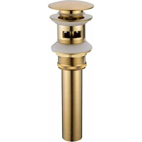 Ablaufgarnitur und Zubehör für Waschbecken und Spülen. Abwasserablauf für Badezimmer aus gebürstetem Messing in Goldoptik, moderner Push-to-Open- und Click-Lock-Verschluss mit Überlauföffnung. (1/4)