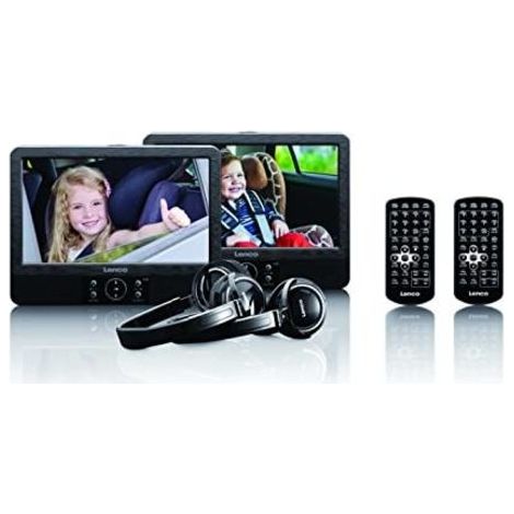 Reproductor de DVD portátil de 2 x 9” con USB SD, batería integrada, auriculares y soporte Negro (1/5)