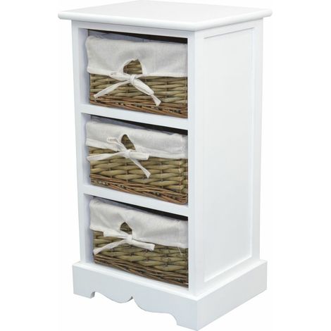 Cómoda de diseño vintage en MDF blanco con 3 cestos en sauce blanco/natural MED05169