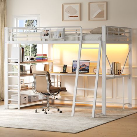 Cama alta metálica blanca 140 x 200 cm con escritorio, estantería LED y carga USB (1/5)