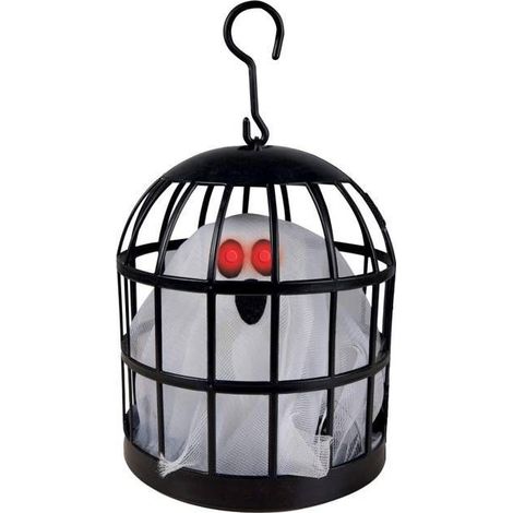 Automate Halloween Petit fantôme MDR en cage - P'TIT CLOWN - 23536 - Déco animé, sonore, lumineuse - 25 cm - Piles non incluses