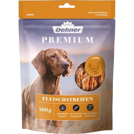 Dehner Spuntino per cani di alta qualità, senza cereali, senza grassi, spuntino da masticare per cani adulti, filetto di petto di pollo a strisce, 500 g (1/4)