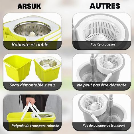 Serpillière avec Seau Essoreur et Balai Rotatif Ensemble Balai Serpillère pour Lavage du Sol Seau Double Compartiment avec Essorage Automatique Têtes de Rechange et Support de Balai (1/3)