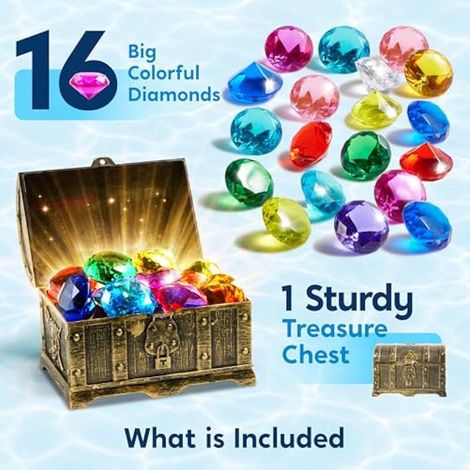 Sloosh Gemstone, jouet de plongée (noir), 16 gros diamants colorés avec coffre au trésor de pirate, jouet de piscine pour garçons et filles, cadeau d'apprentissage de la natation (1/4)