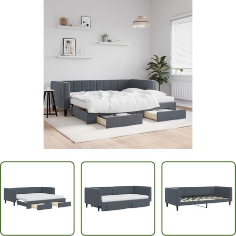 vidaXL Doppelbett - Tagesbett Ausziehbar mit Schubladen Dunkelgrau 90x190 cm Samt (1/5)