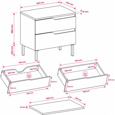 Meuble sous-vasque sur pieds 80 cm, 2 tiroirs, avec plan de travail, fermeture douce, Chêne noyer / Plan Chêne noyer, pieds noirs, 80 x 46 x 73,6 cm