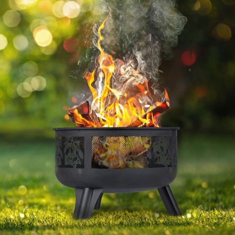 Relaxdays Feuerschale mit Funkenschutz, Garten & Terrasse, mit Schürhaken, Outdoor Feuerkorb, HxD: 60 x 60 cm, schwarz