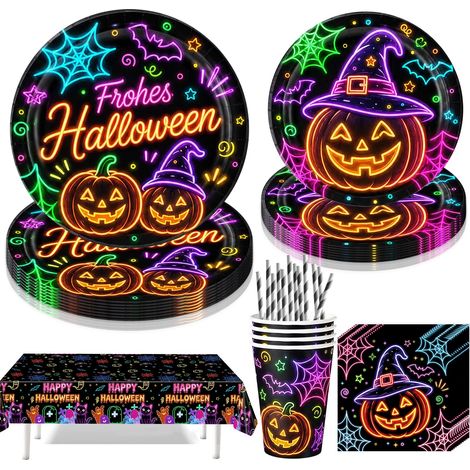 Lot de 61 pièces de vaisselle en papier fluo pour Halloween - Néon phosphorescent, nappe d'Halloween, assiettes en carton, serviettes et gobelets, décoration de table pour Halloween (1/5)