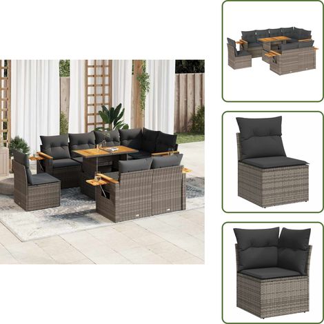 The Living Store 9-tlg. Garten-Sofagarnitur mit Kissen Grau Poly Rattan Akazie - Gartentisch (1/5)