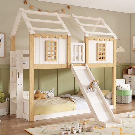 Lit superposé enfant 90x200 cm avec toboggan, cabane en bois, échelle réversible, garde-corps 360°, blanc et bois (1/5)