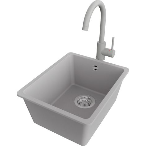 PRIMAGRAN Evier Cuisine en Granit 36x44cm,Lavabo 1 bac + Robinet 32x20cm + Kit de Vidage, Évier à Encastrer au meuble 40cm - Venise Slim Easy, Gris (1/5)