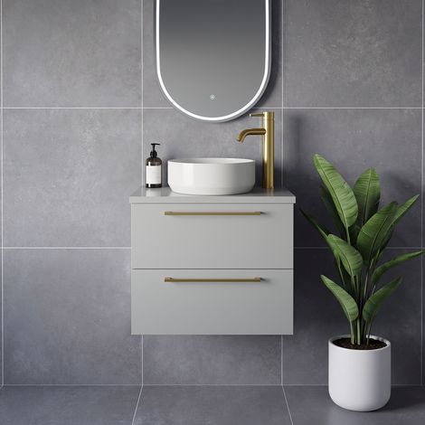 Napoli 390 Gloss Grey Pearl 600mm Wall Mounted 2 Drawer Vanity Unit for Countertop Basins - 600mm - Brushed Brass 320mm Handle