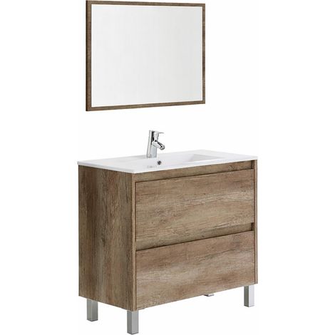 Mobile Bagno A Terra Con Lavabo In Ceramica E Specchio Coordinato Mobiletto Con Lavandino E 2 Cassettoni Ammortizzati Design Minimal 80 x 45 x 80 Cm Colore Quercia