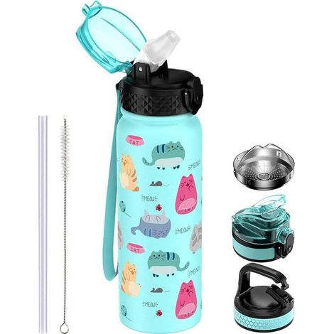Wasserflasche Edelstahl 600ml Strohhalm 600 ml Hellgr&xFCne Katze (1/5)