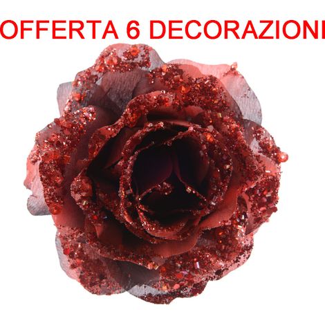 OFFERTA 6 PZ ROSA APPENDIBILE CON CLIP 14CM CON GLITTER BORDEAUX