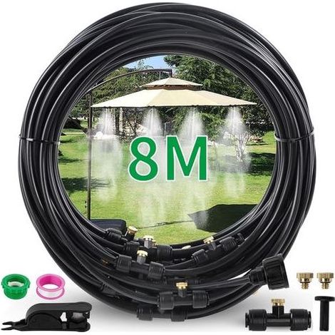 Brumisateur Terrasse Exterieur, Kit d’Irrigation Système de Brumisateur Extérieur 8M avec eau 10 Buses de Brume avec Joint en T (1/4)