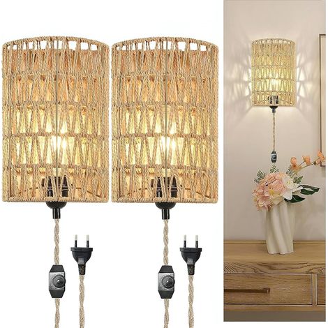 2 Pack Applique Murale Intérieure Rotin Boho, Lampe Mural Corde de Chanvre Rustique avec Luminosité Variable Interrupteur et Câble, Luminaire Chevet Muraux E27 pour Chambre Salon(Ampoule non Incluse) (1/5)
