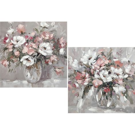 Tableau sur Toile d'un Vase avec Fleurs Peint à la Main en Blanc, Rose et Vert 80 x 3 x 80 cm