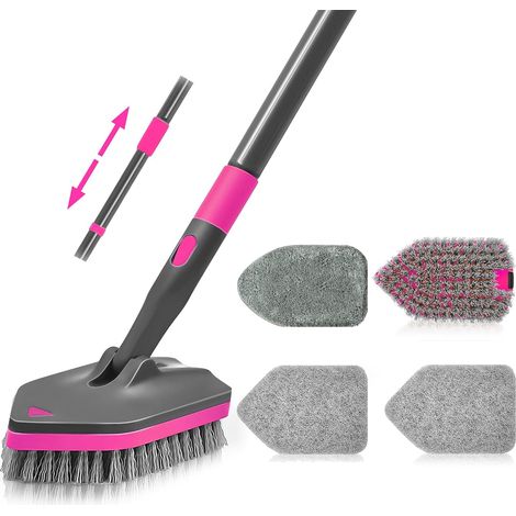 Brosse de Nettoyage, à Récurer avec Manche Long Télescopique 142 cm, 4 Têtes Lavage pour Nettoyer la Salle Bain, Baignoire, Le Sol, Plinthe, l'évier, Cuisine (Rose Rouge) Rose Rouge - (1/5)
