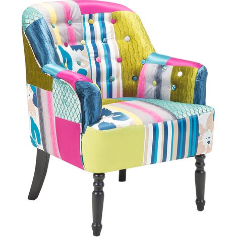 Sillón tapizado en tela multicolor azul patchwork club botones patas de madera Mandal